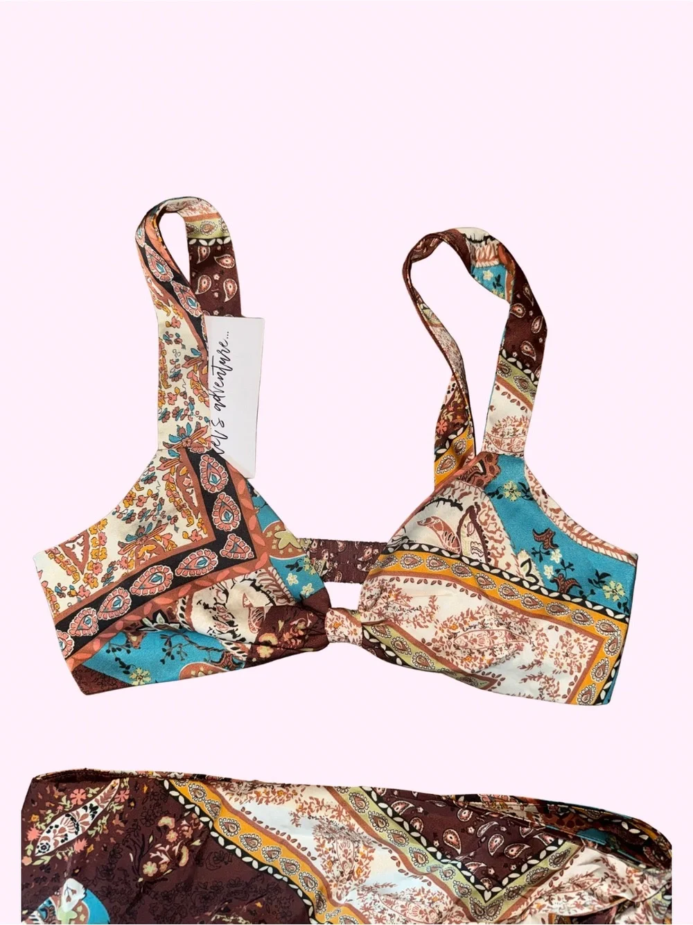 Paisley Print Bikini Top and Fringe Sarong Set in Turquoise & Brown
